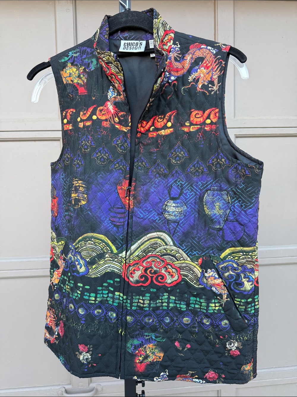 Vintage silk Chico's Black Multi Quilted Dragon-Print Vest